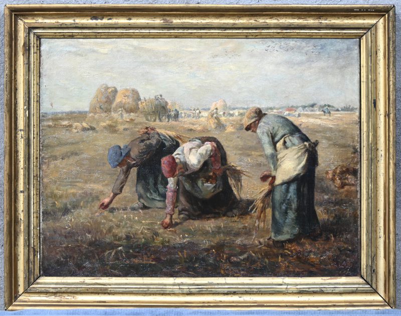 ‘De Arenleessters’. Olieverf op doek. 19e eeuwse impressionistische reproductie naar het werk van Jean-François Millet. Gemonogrameerd rechtsonderaan F.M.