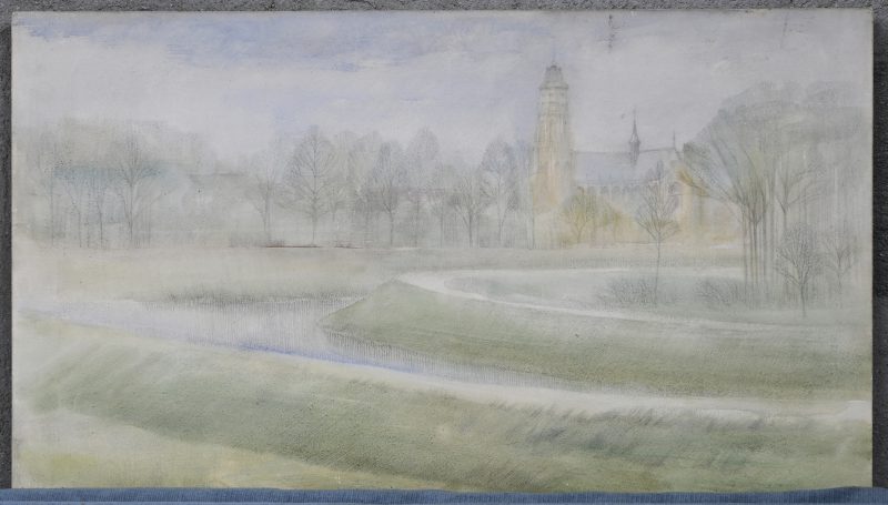 “Sint Gummariskerk te Lier”, een tekening, potlood en gouache op paneel, niet gesigneerd.