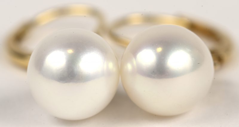 Een paar 18 kt geelgouden oorbellen telkens bezet met een parel.