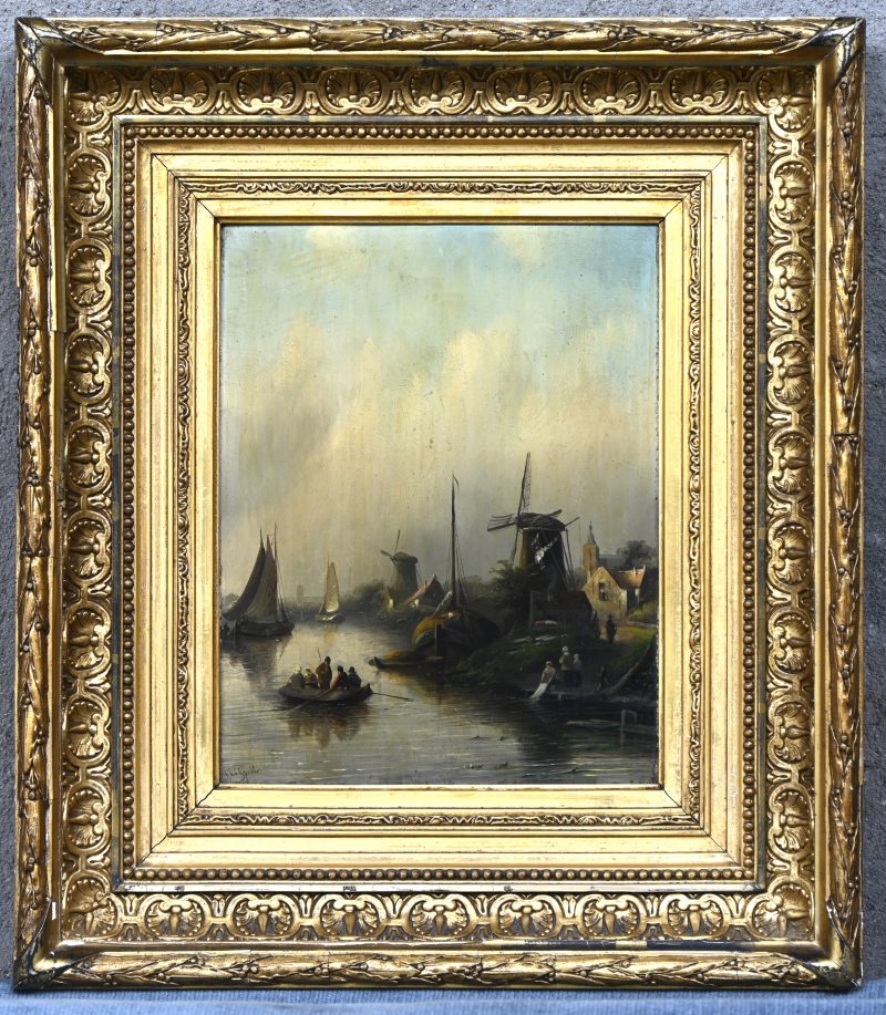‘Molens aan het water’. Olieverf op paneel, linksonder getekend; Spohler. Zichtbare schade aan het paneel.