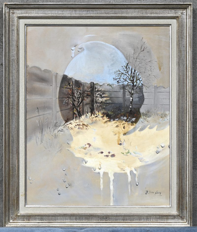 “Aangedampt raamzicht”, een schilderij, olieverf op doek, gesigneerd J. Van Looy.
