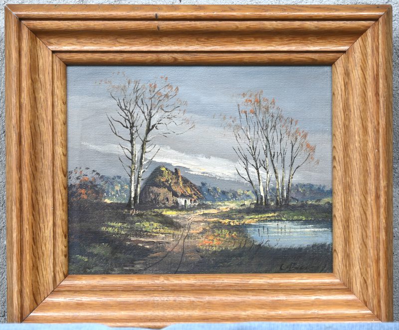 Landschapje met boerderij, olie op doek. Stijl Bob Ross. Onleesbaar gesigneerd.
