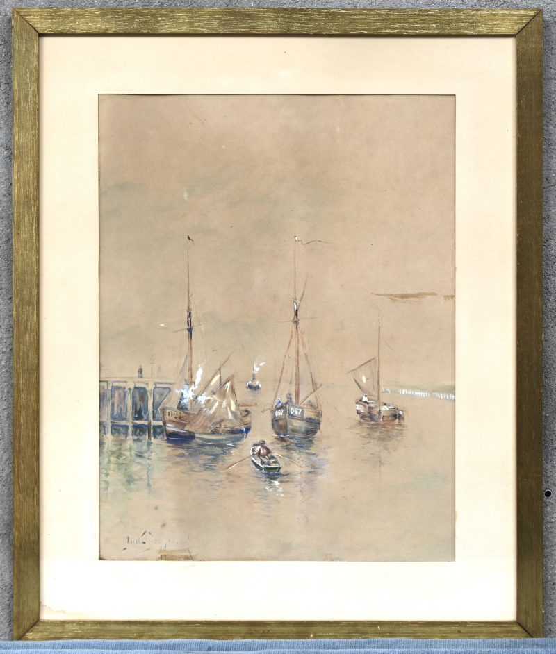 ‘Havenzicht’. Aquarel, onleesbaar getekend.