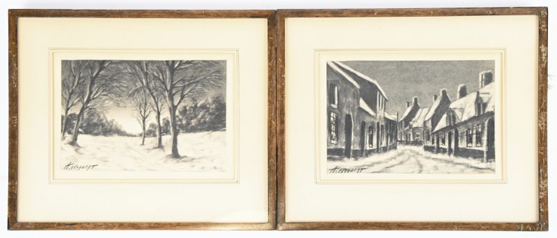 Set van twee krijttekeningen, sneeuwlandschap en dorpszicht.