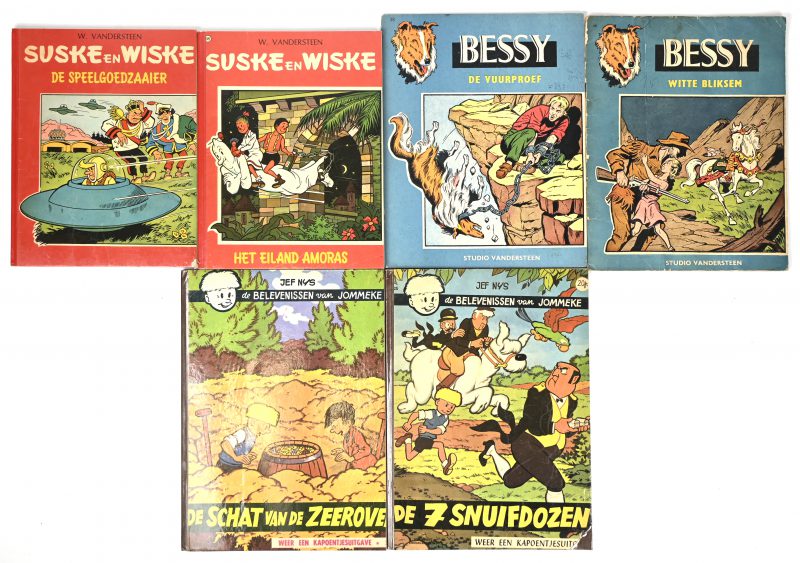 Een gevarieerd lot oude strips waaronder herkaft met harde kaft, mogelijks samengesteld, bestaande uit: Bessy: De Vuurproef en Witte Bliksem, Suske en Wiske: Het Eiland Amoras en De Speelgoedzaaier en Jommeke: De 7 Snuifdozen en De Schat van de Zeerover.