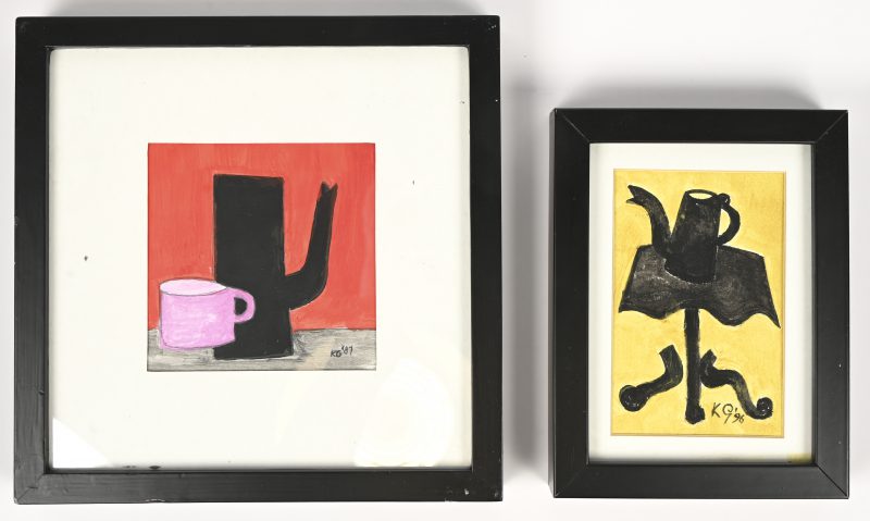 “Koffiekan op tafel” en “koffiekan en kop”. Aquarel op papier,  gemonogrammeerd K.G. voor Klaas Gubbels.