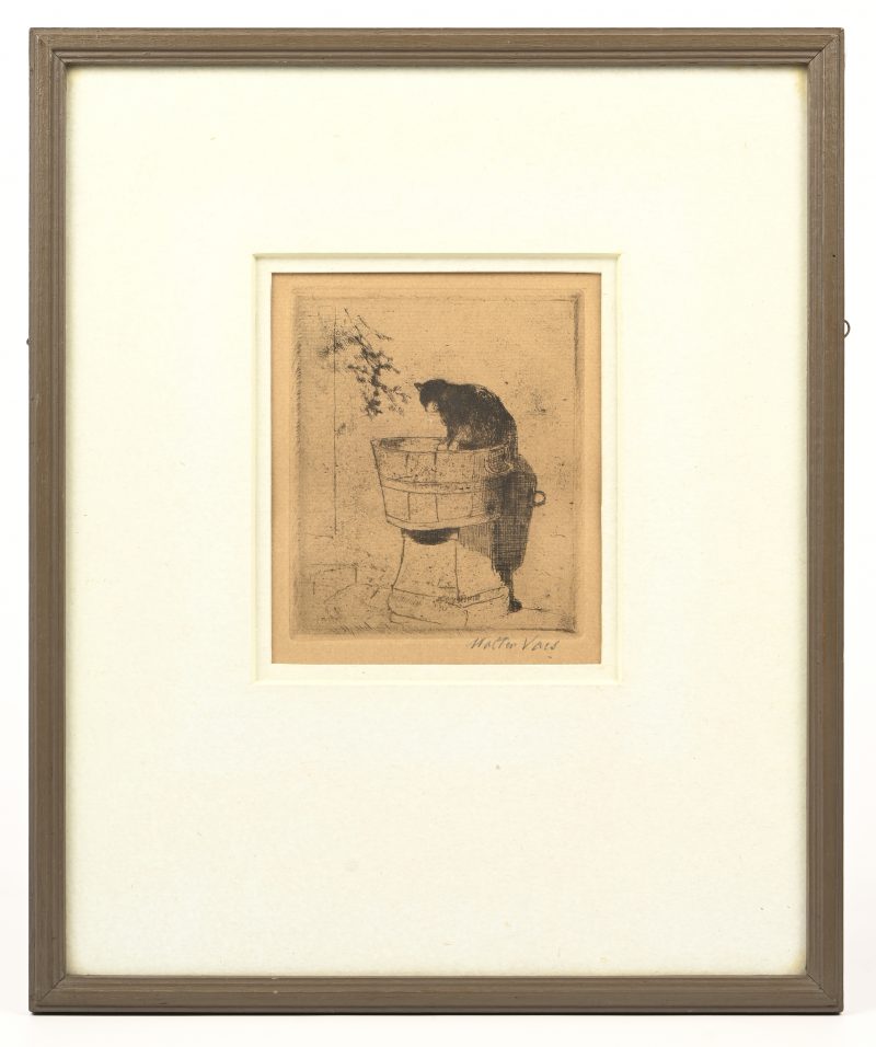 “Poesje op de tobbe”, een ets, gesigneerd buiten de plaat Walter Vaes.