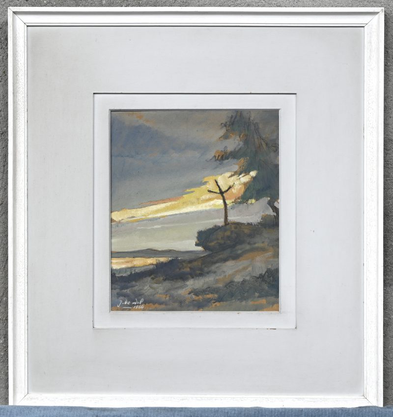 “Landschap”, een schilderij, gemengde techniek op papier, gesigneerd J. De Wil en gedateerd 1960.