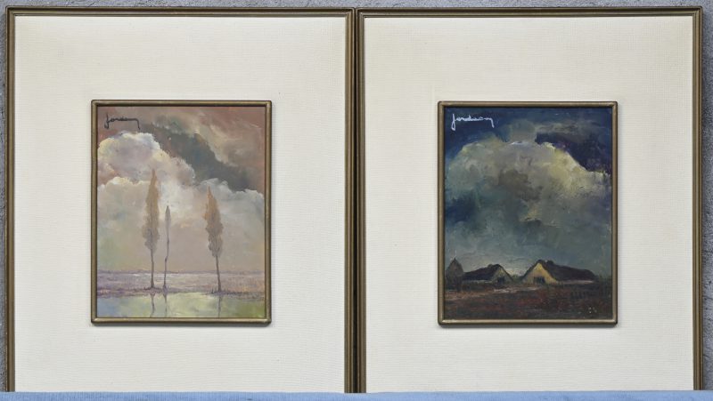 Landschapje met boerderij & Landschapje in herfsttinten met drie populieren. Olieverf op paneel. Getekend.
