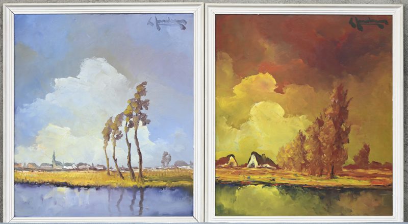 “Landschapje in felle herfsttinten, met boerderijen en een bomenrij” en “Polderlandschap met dorpje en bomenrij”. Olieverf op paneel. Getekend.