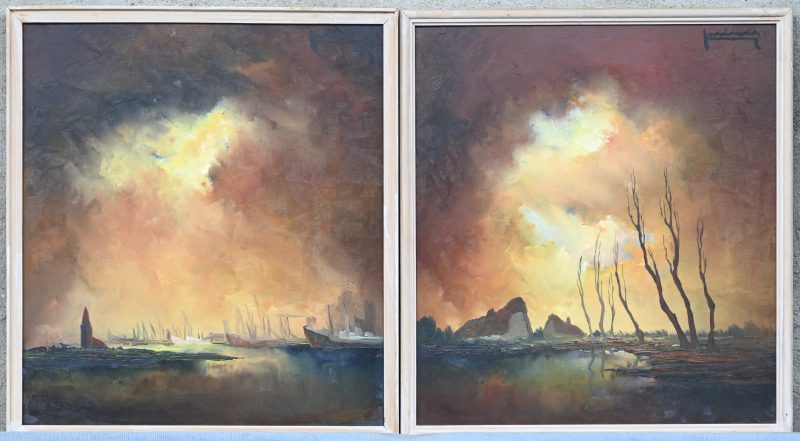 “Landschapje met boerderijen en dode bomen” en “Havenzicht in dreigende tonen”. Olieverf op paneel. Getekend.