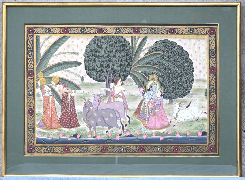 ‘Shiva en Parvatti’. Schilderij op zijde.