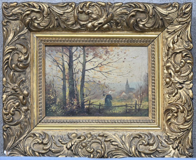 ‘Herfstlandschap’. Studie in olieverf op paneel, vermoedelijk 19e eeuw. Onleesbaar getekend.