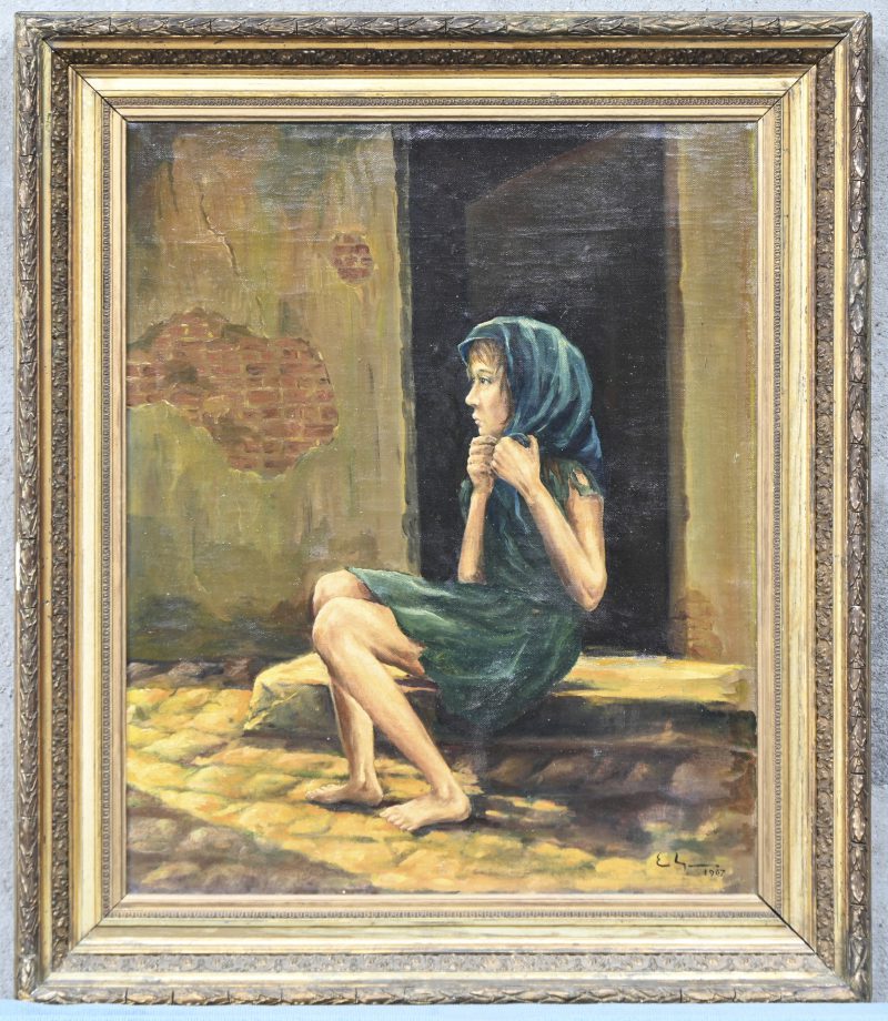 ‘Bedelmeisje in blauwe lompen’. Olieverf op doek, onleesbaar getekend.