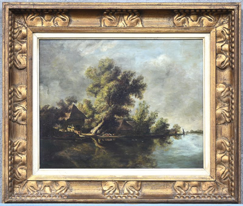 ‘Landschap met veerboot’. Olieverf op doek, naar de 19e eeuw. Niet getekend.