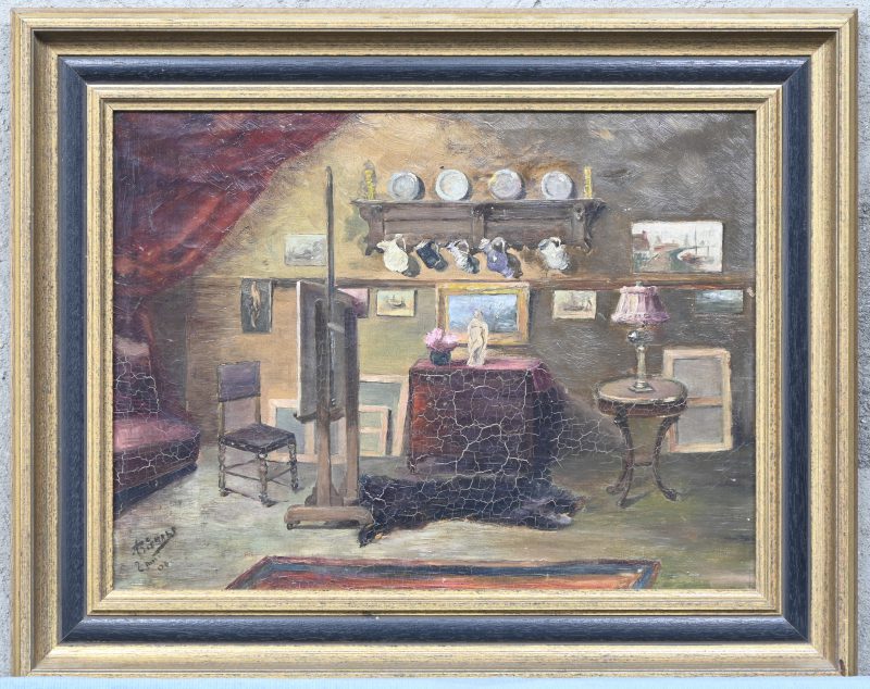 ‘In het atelier van de kunstenaar’. Olieverf op doek, onleesbaar getekend.