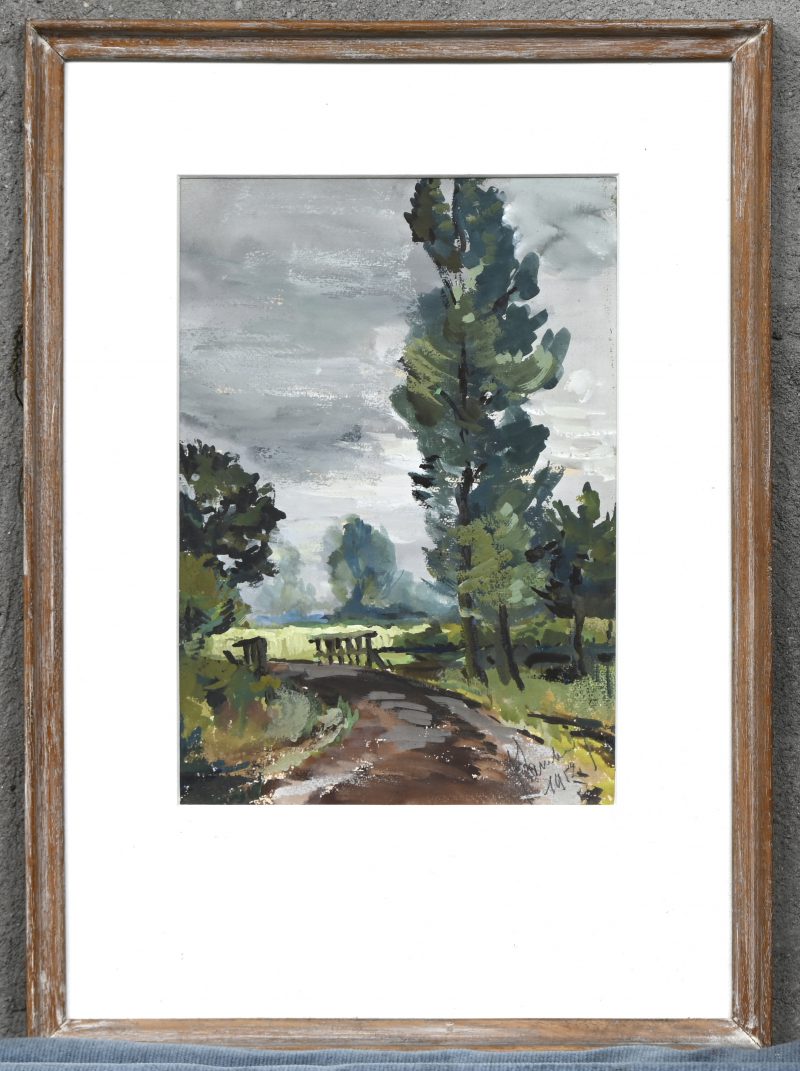 “Wandelpad”, een schilderij, olieverf op papier, onleesbaar gesigneerd en gedateerd 1952.
