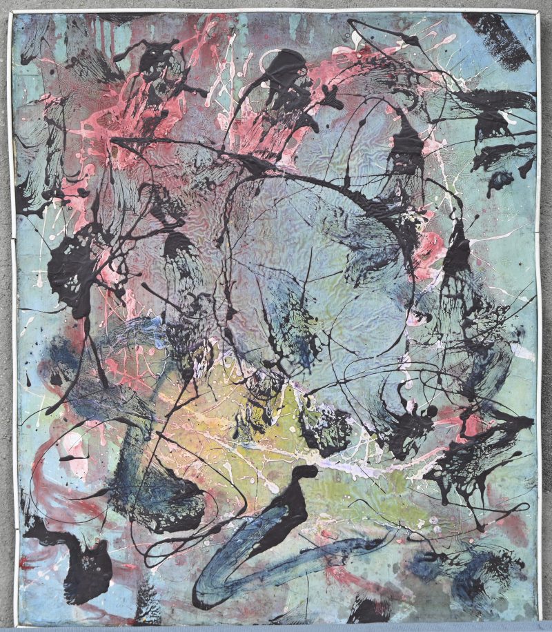 ‘Zonder titel’. Action painting, acryl op doek. Niet getekend.