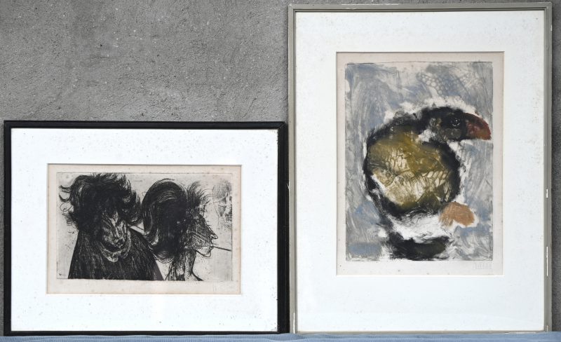Twee werken door Guy Van Den Bulcke. Een ets en een monoprint, getekend buiten de plaat.