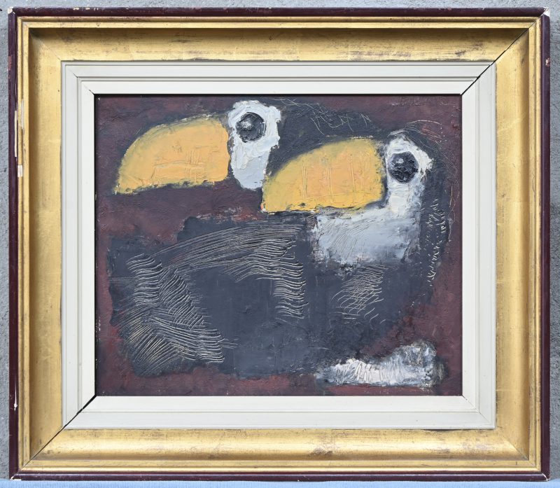 ‘Twee toekans’. Olieverf op paneel. Toegeschreven aan Guy Van Den Bulcke, onleesbaar getekend.