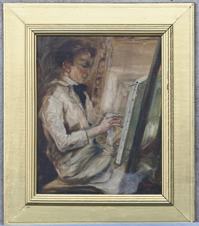 ‘Zelfportret in het atelier’. Olieverf op doek, getekend; Oscar Hoge, geboren in Gent in 1884 en daar overleden in 1965. Hij volgde zijn opleiding aan De Academie St. Lucas in Gent. Toegevoegd enkele foto’s van de kunstenaar.