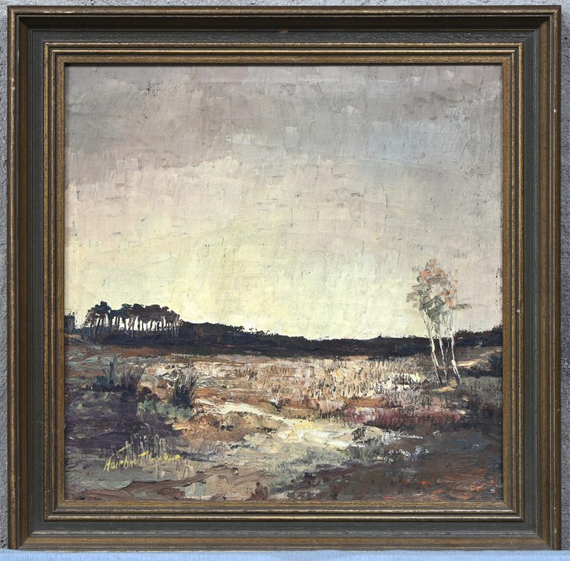 “Herfst op de heide”. Olieverf op doek, getekend.