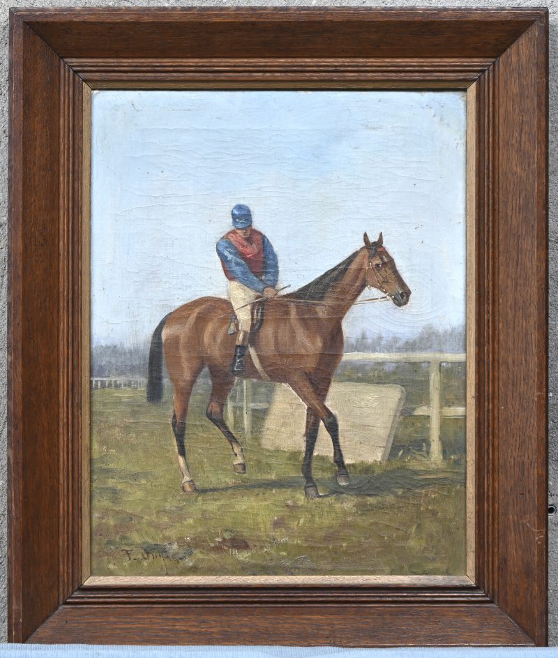 “Jockey te paard”. Olieverf op doek. Onleesbaar getekend.