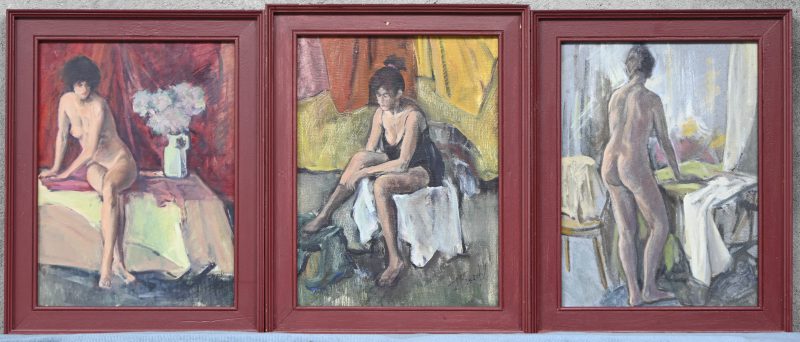 Drie naaktstudies. Olieverf op paneel. Onleesbaar getekend.