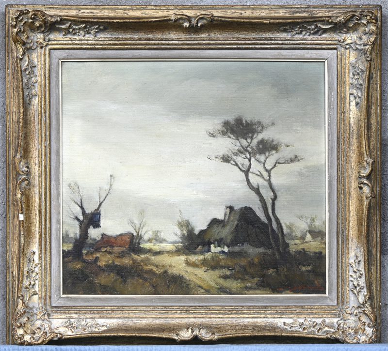“Heidezicht met oude hoeves”. Impressionistisch olieverfschilderij op doek. Onleesbaar getekend.