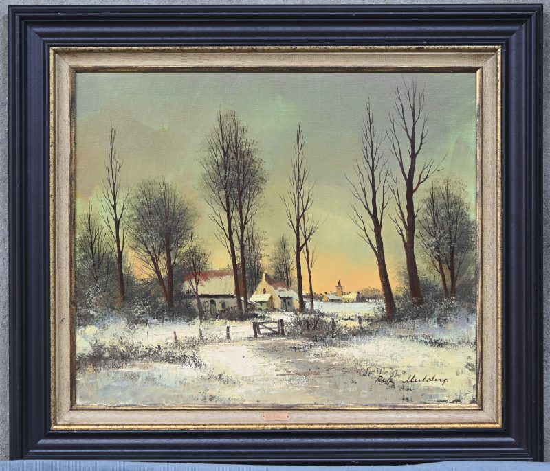 ‘Sneeuwlandschap met kerkje’. Olie op doek, getekend.