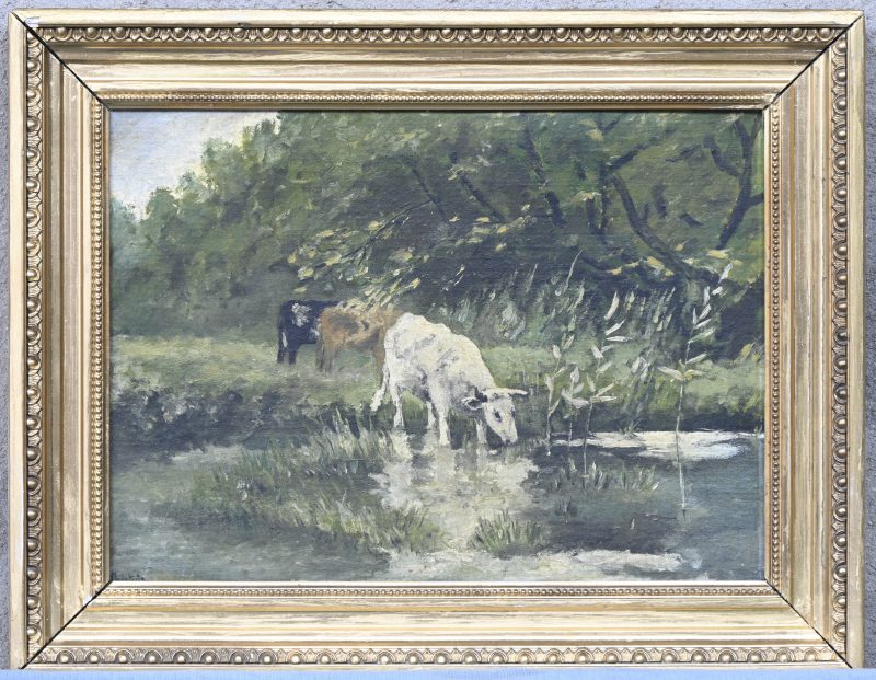 ‘Koeien aan het water’. Verdoekt olieverfschilderij. Vermoedelijk 19e eeuw. Linksonder onleesbaar getekend.