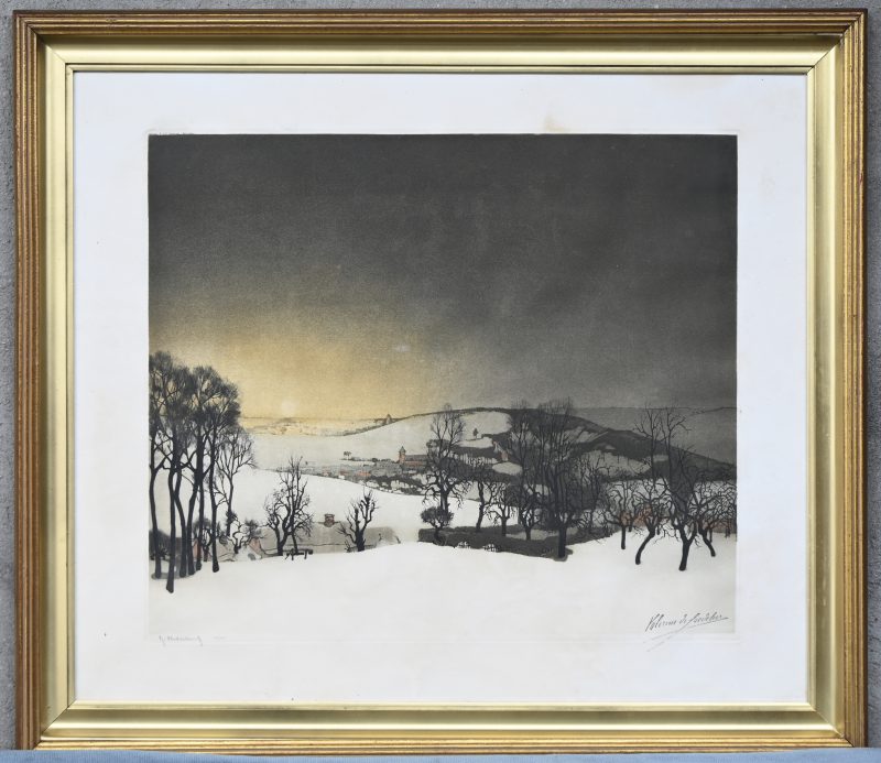 ‘Winterlandschap’. Ets/aquatint. Hebbelinck naar het werk van Valerius De Saedeleer. Nr. 155 uit een oplage van 250 exemplaren.