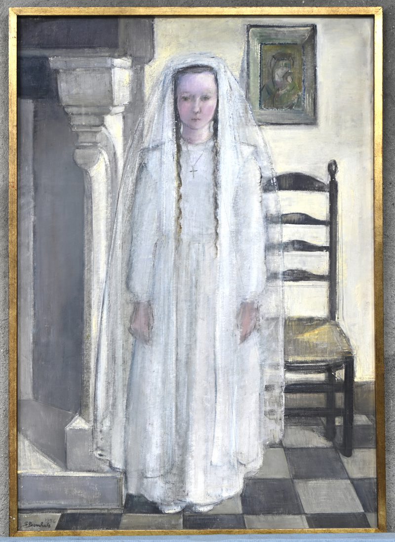 ‘De plechtige communicante’. Olie op doek, getekend.