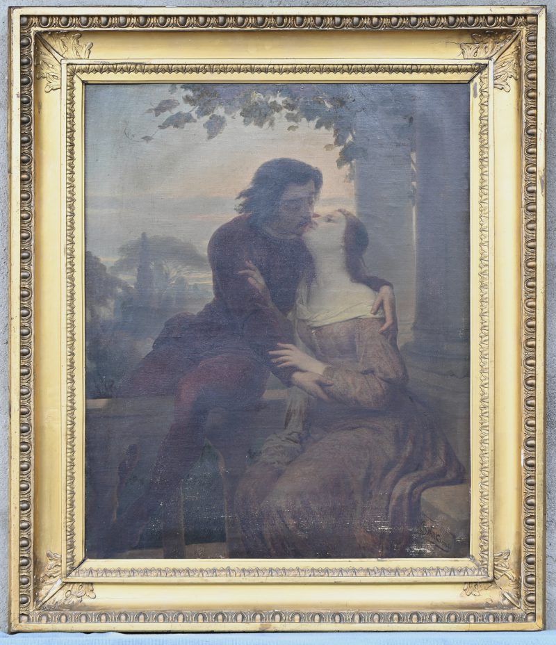 “Kussend koppel”, een 19e eeuws schilderij, olieverf op doek, gesigneerd.