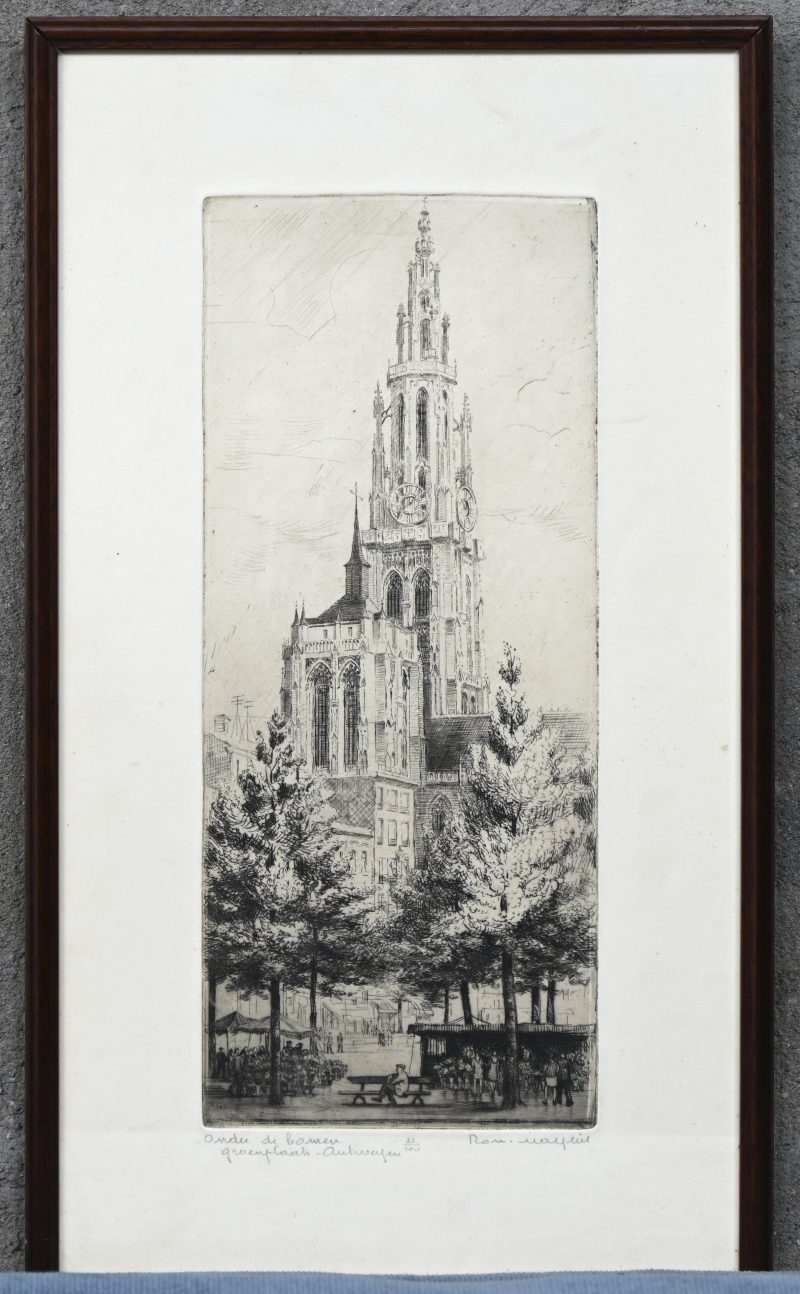 “Onder de bomen, Groenplaats Antwerpen”, een ets van Romain Malfliet, gesigneerd buiten de plaat en genummerd 21/100.