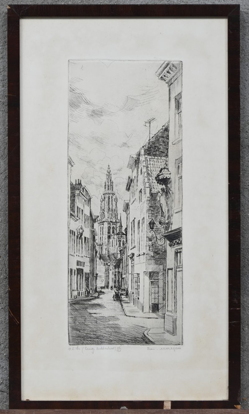 “O.L.Vr. (Lange Ridderstraat)”, een ets van Romain Malfliet, gesigneerd buiten de plaat en genummerd 12/130.