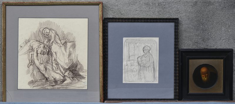Een lot van 3 kaders bestaande uit een potloodtekening van een moeder en kind, onleesbaar gesigneerd, een krijttekening met meerdere figuren, draagt een stempel ‘PJ’ en een kadertje met een prent van een oude man.