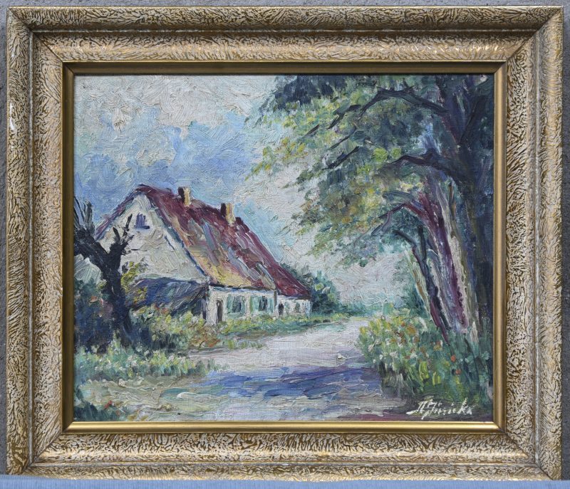 Hoeve, impressionistisch olieverfschilderij op schilderspaneel. Onleesbaar getekend.