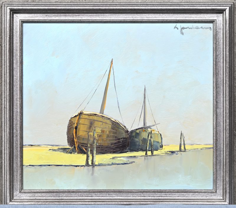 “Twee schepen bij laagwater”. Olieverf op paneel, getekend.