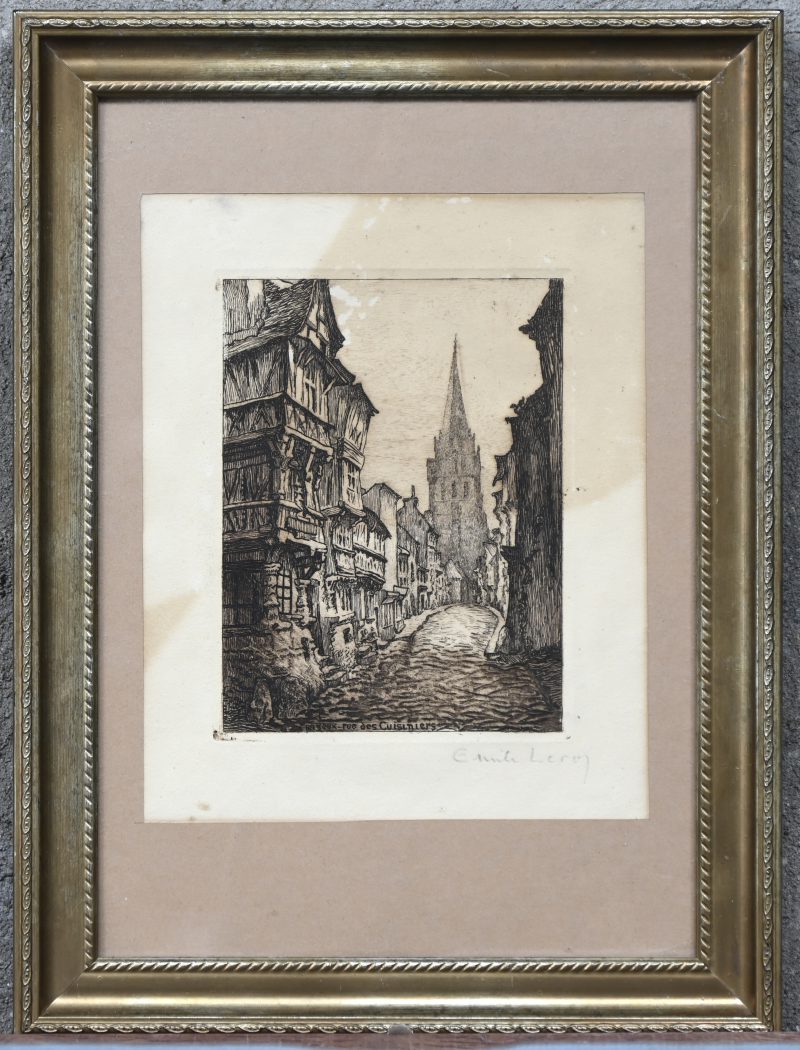 ‘Rue des Cuisiniers’, monochrome ets, getekend Emile Leroy.