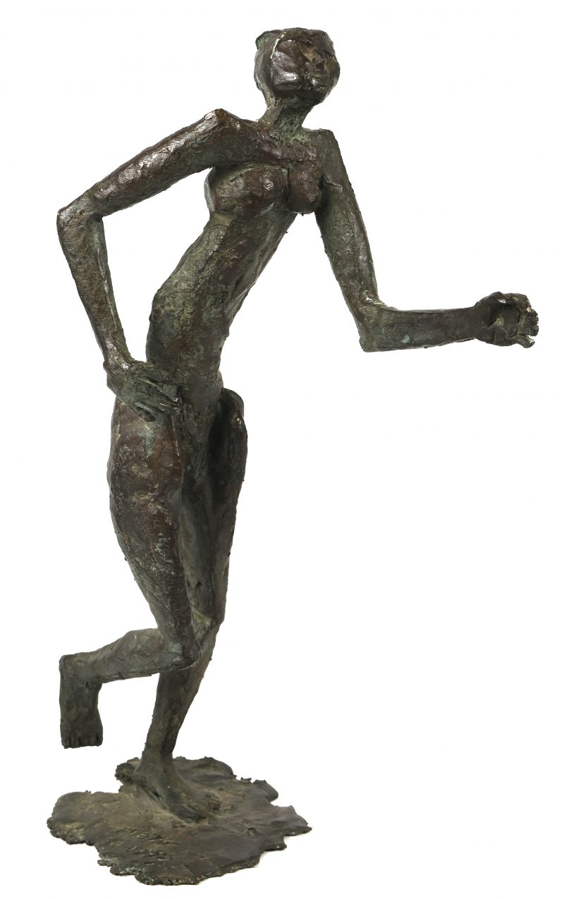 ‘Lopend vrouwelijk figuur’. Expressionistisch bronzen beeldje, gesigneerd Meysmans 1993.