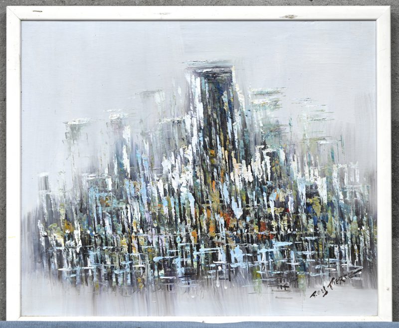 “Skyline”, een schilderij, olieverf op doek, gesigneerd Roy Pierce.