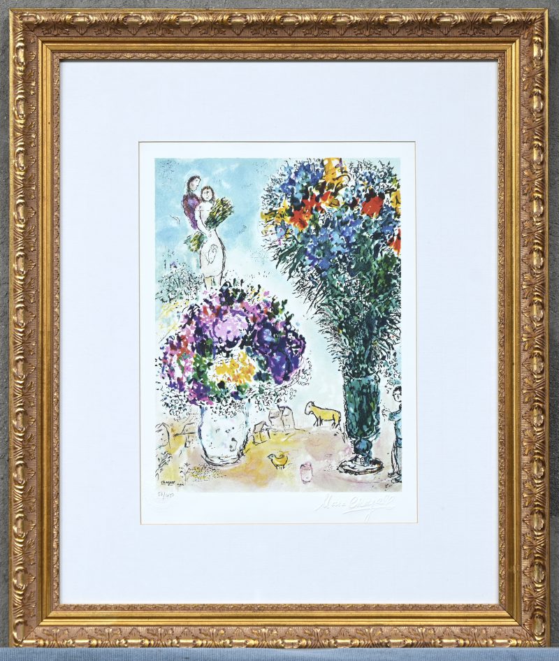 “Het Bruidsboeket”, een lithografie in kleur  met droogstempel en certificaat, uitgegeven door het Chagall estate.