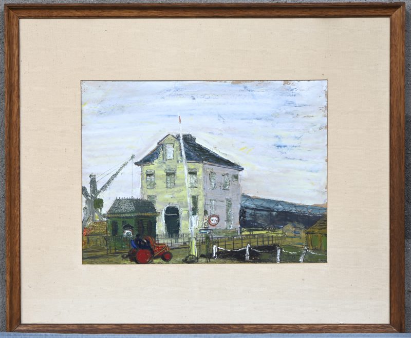 ‘Sluiswachtershuis’. Olieverf op papier, getekend Dyckmans.