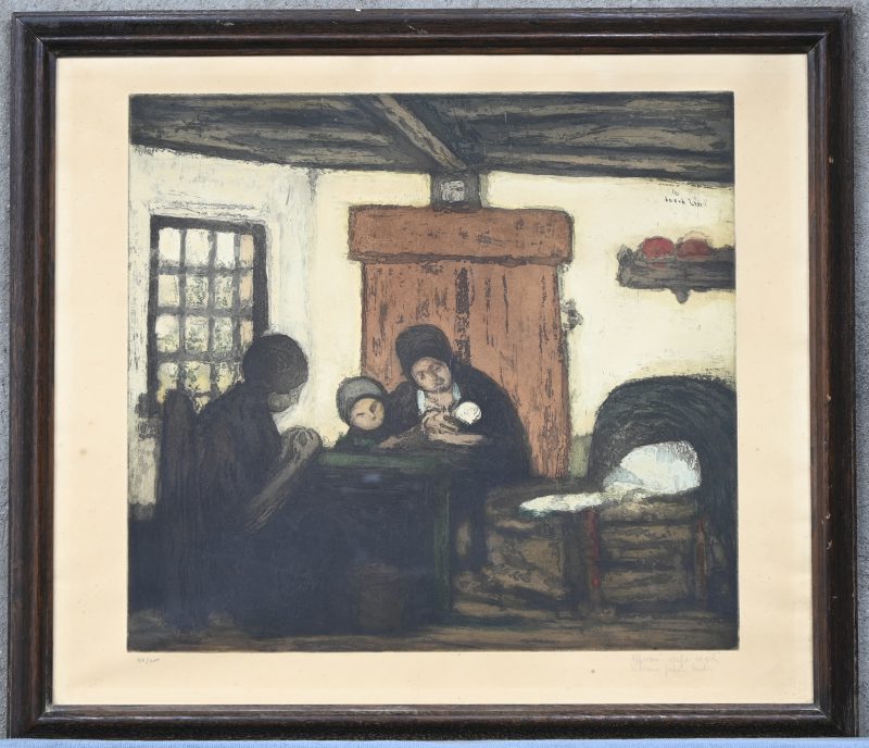 “Op kraambezoek”, een ets in kleur naar een werk van  Jacob Smits, met opschrift en genummerd 42/200.