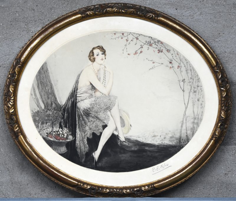 ‘Dame met hoed’. Lithografie van een jonge vrouw in ovale kader.