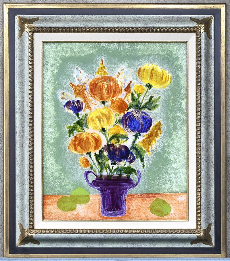 ‘Bloemenvaas’. Eglomisé, getekend en gedateerd ‘83.
