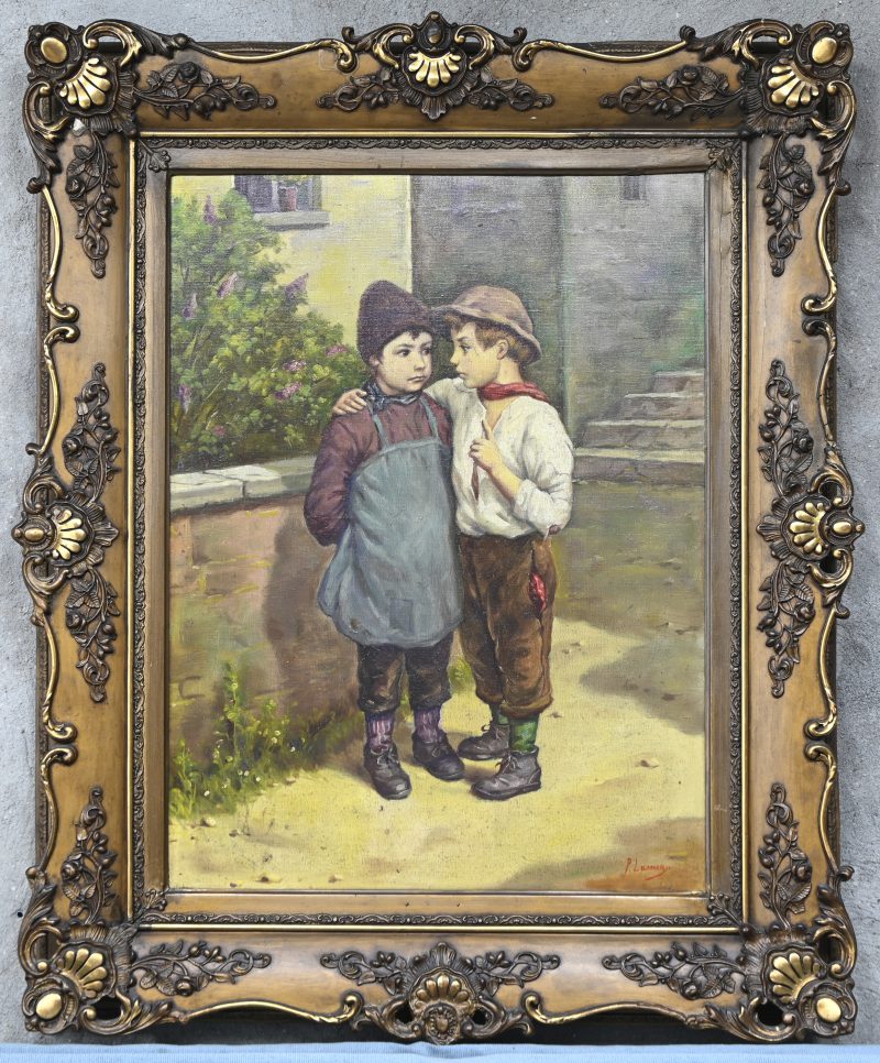 “Twee klein kinderen”. Doek. Draagt een handtekening.