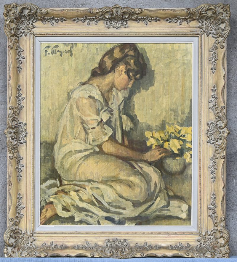 “Meisje met bloemen”. Reproductie van een werk door Fernand Majorel.