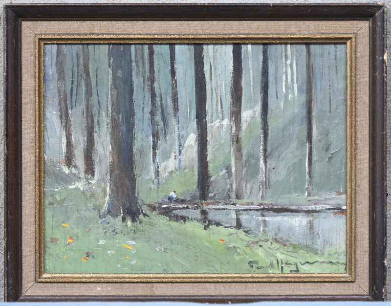 ‘Boszicht’. Olieverf op paneel. Getekend.